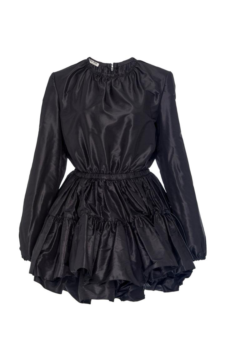 Miu Miu Long Sleeve Taffeta Tiered Ruffle Mini Dress
