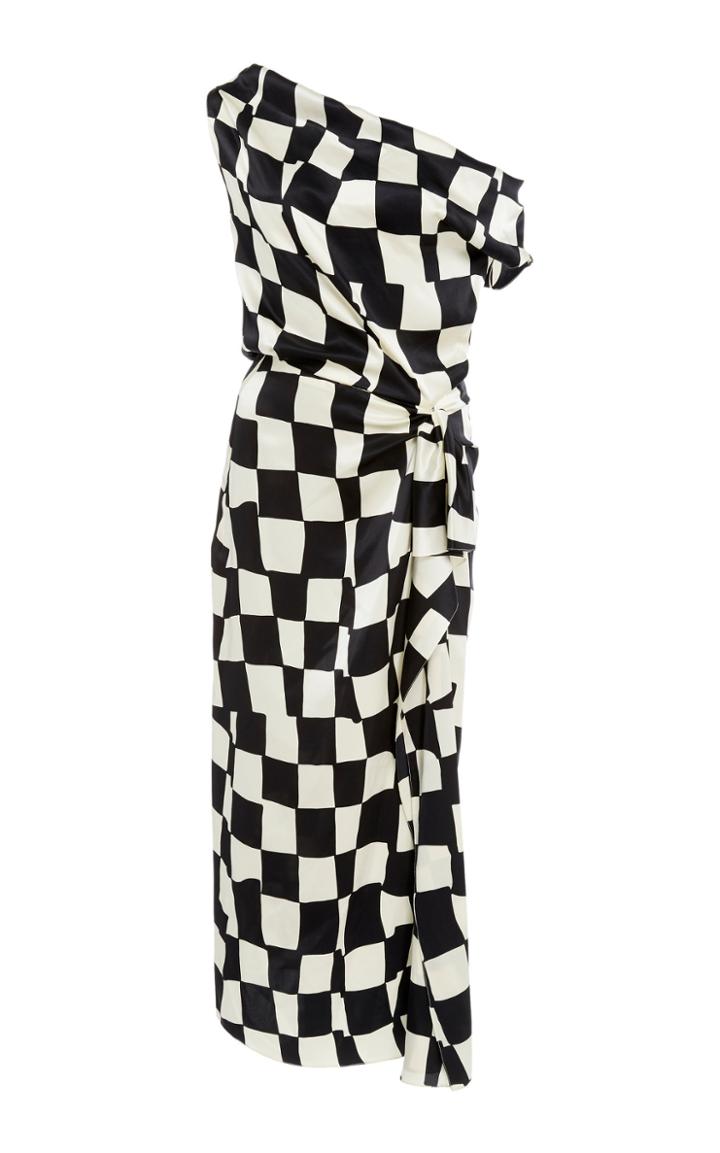 Oscar De La Renta One-shoulder Checked Dress