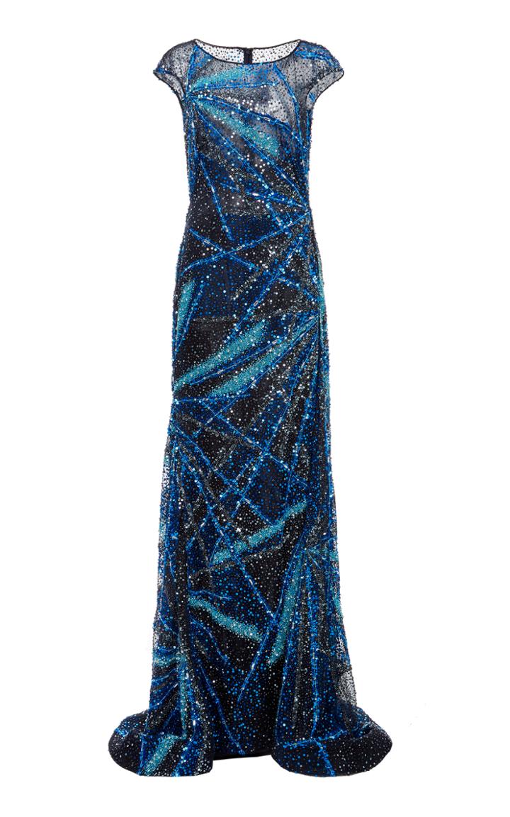 Pamella Roland Firework Embroidered Mesh Organza Gown