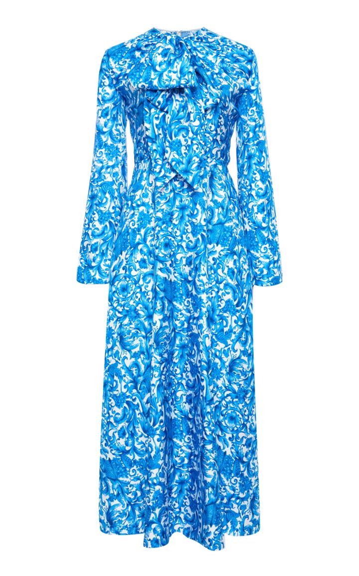Valentino Grace-print Silk Tie-neck Midi Dress