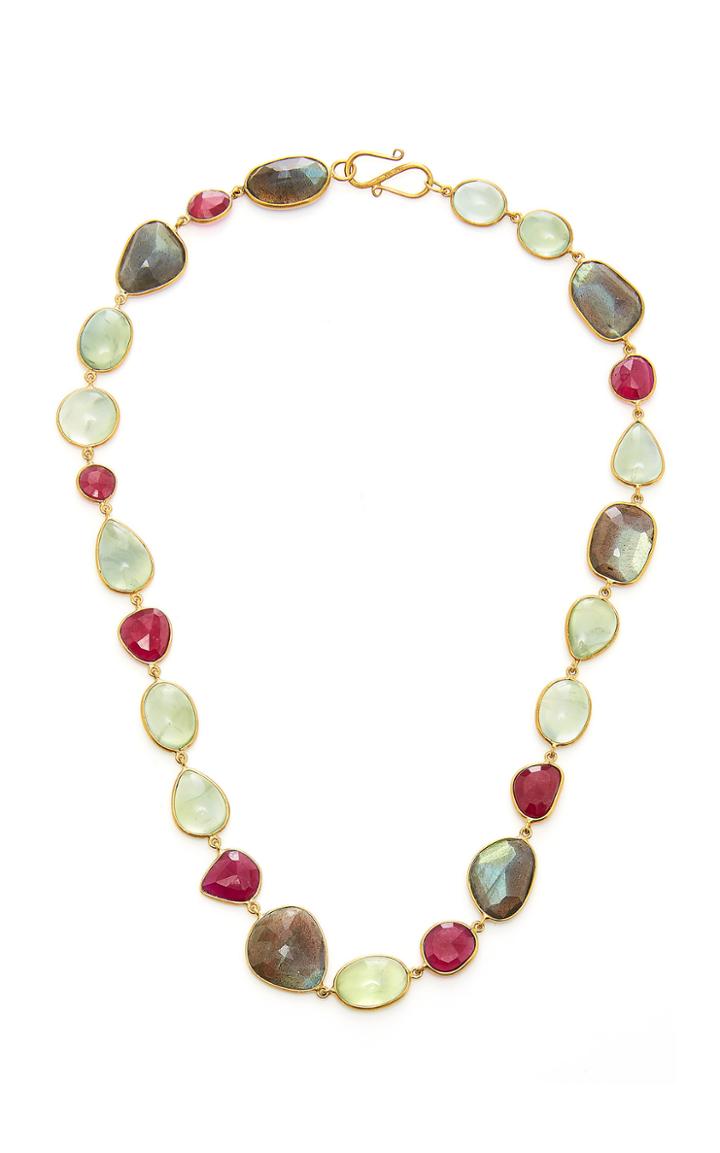Bahina 18k Gold Labradorite Praynite And Ruby Necklace