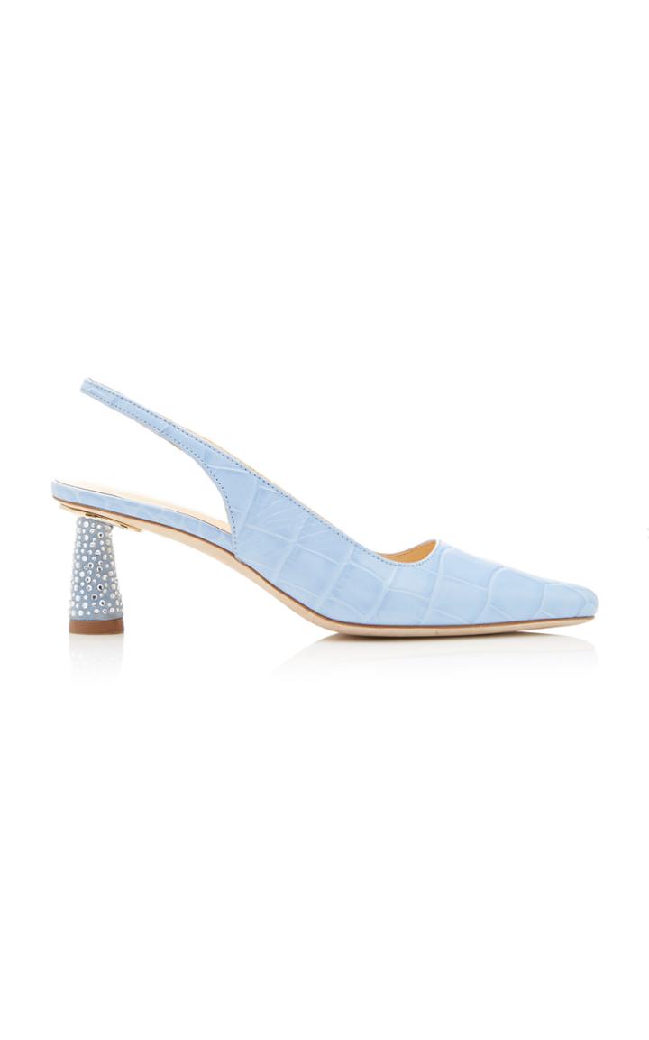 By Far Diana Crystal-embellished Croc-effect Leather Pumps