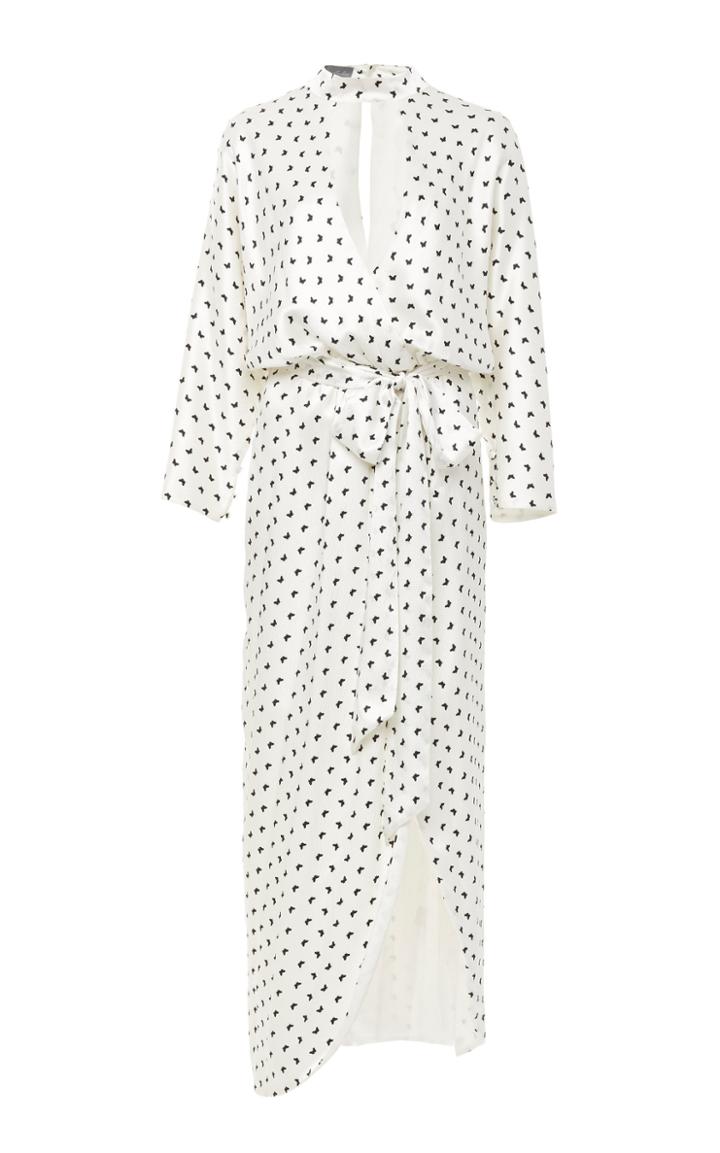 Monique Lhuillier Butterfly Printed Satin Faux Wrap Dress
