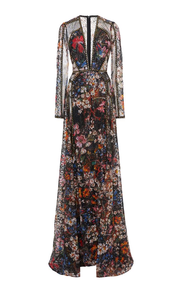 Elie Saab Printed Lace V-neck Gown