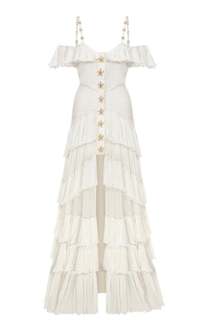 Moda Operandi Raisa Vanessa Draped Off-the-shoulder Maxi Dress With Ruffles And High