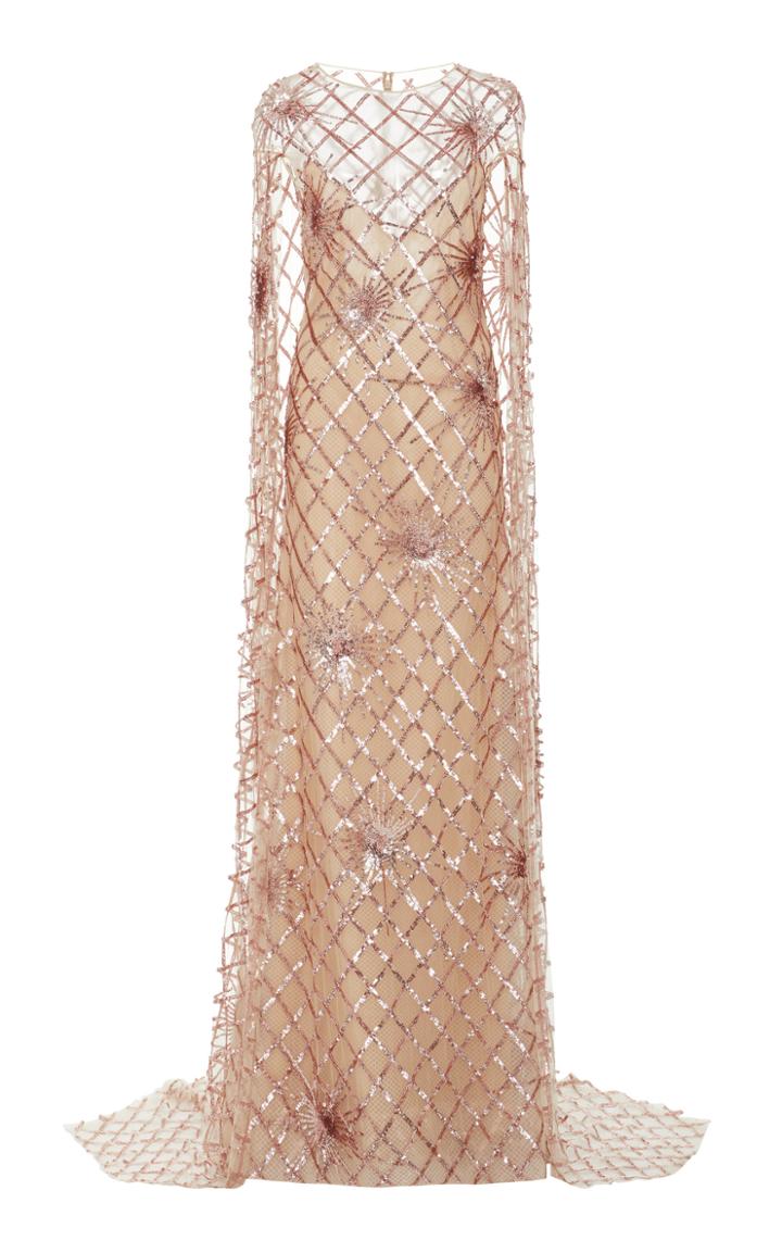Moda Operandi Pamella Roland Grid Cape-effect Double-layer Chiffon Dress Size: 2