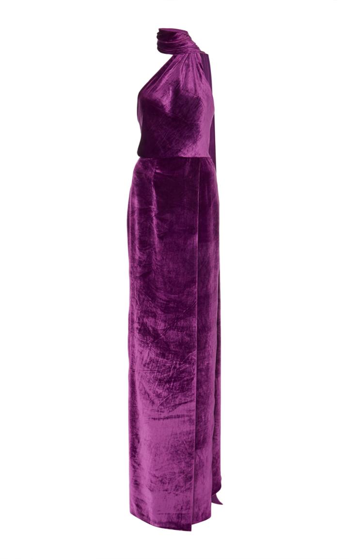 Naeem Khan Silk Velvet Scarf-effect Halter Gown