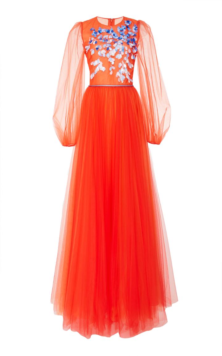 Carolina Herrera Long Sleeve Embroidered Gown