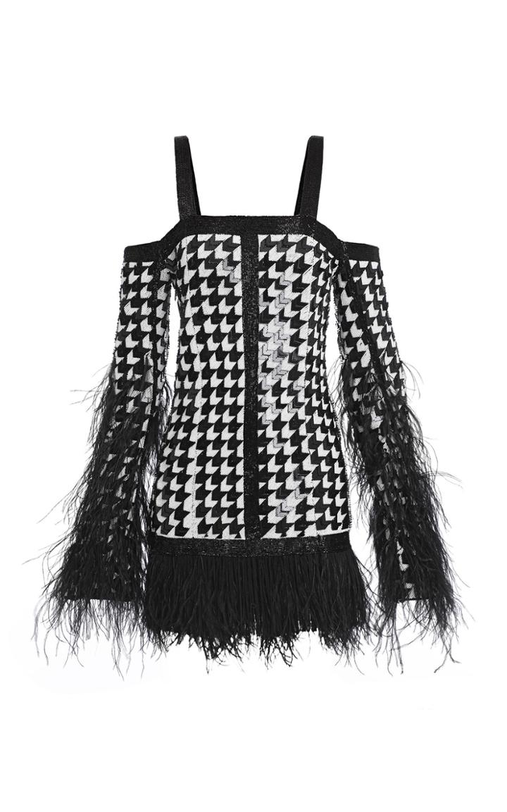 Balmain Sequined Feather-trim Houndstooth Silk Dress
