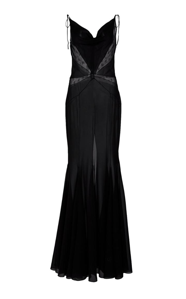 Alessandra Rich Silk Georgette Lace Embellished Maxi Slit Dress