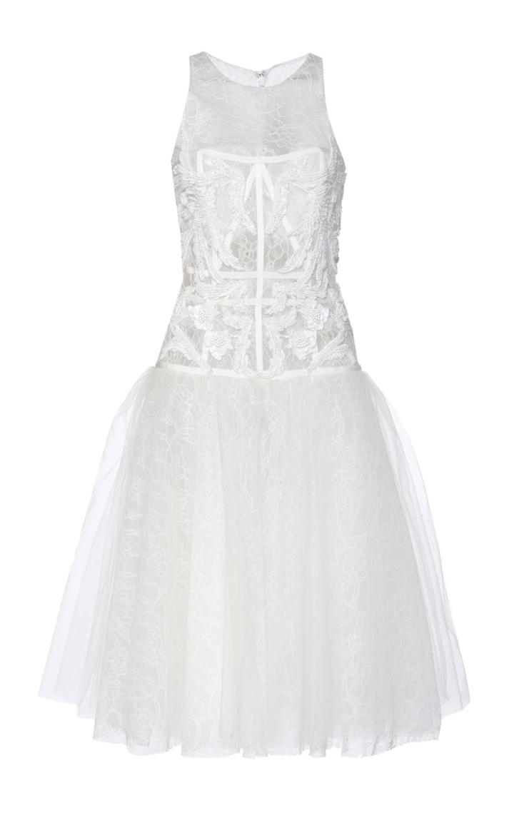 Pamella Roland Floral Lace-trim Tulle Dress