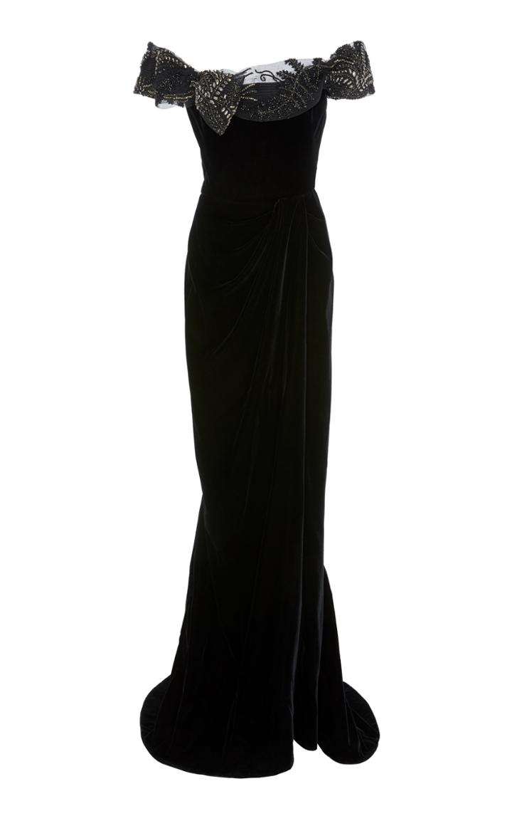 Marchesa Embellished Off-the-shoulder Velvet Gown