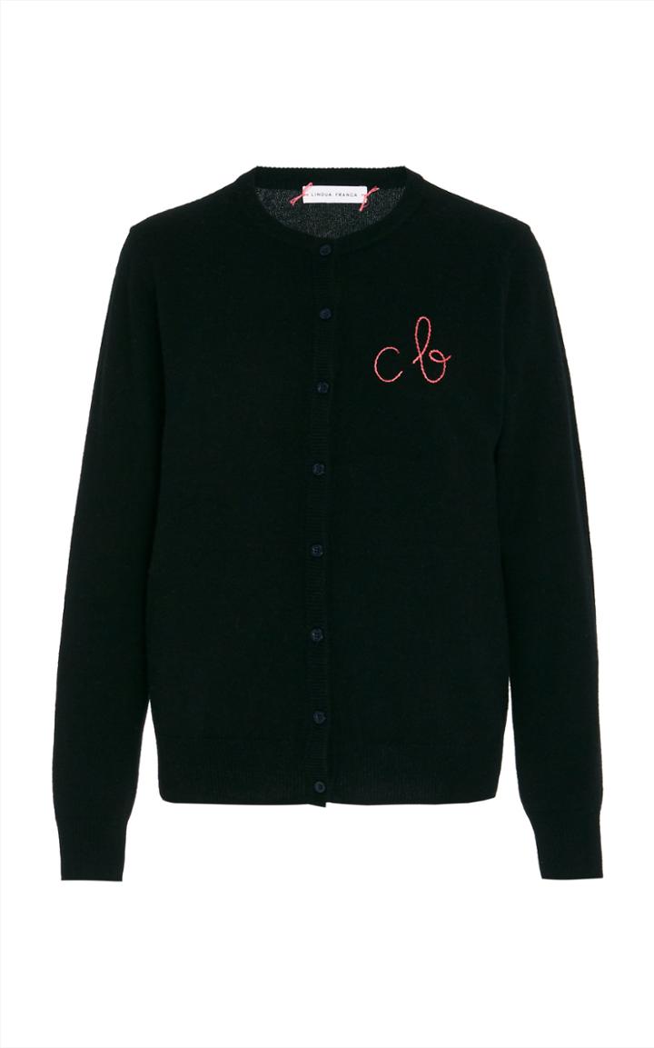 Moda Operandi Lingua Franca Monogrammed Cashmere Cardigan With Hot Pink Thread Size: