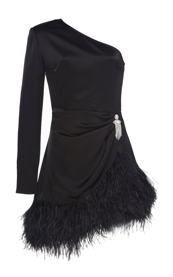 David Koma Crystal Brooch Feather-trimmed Dress