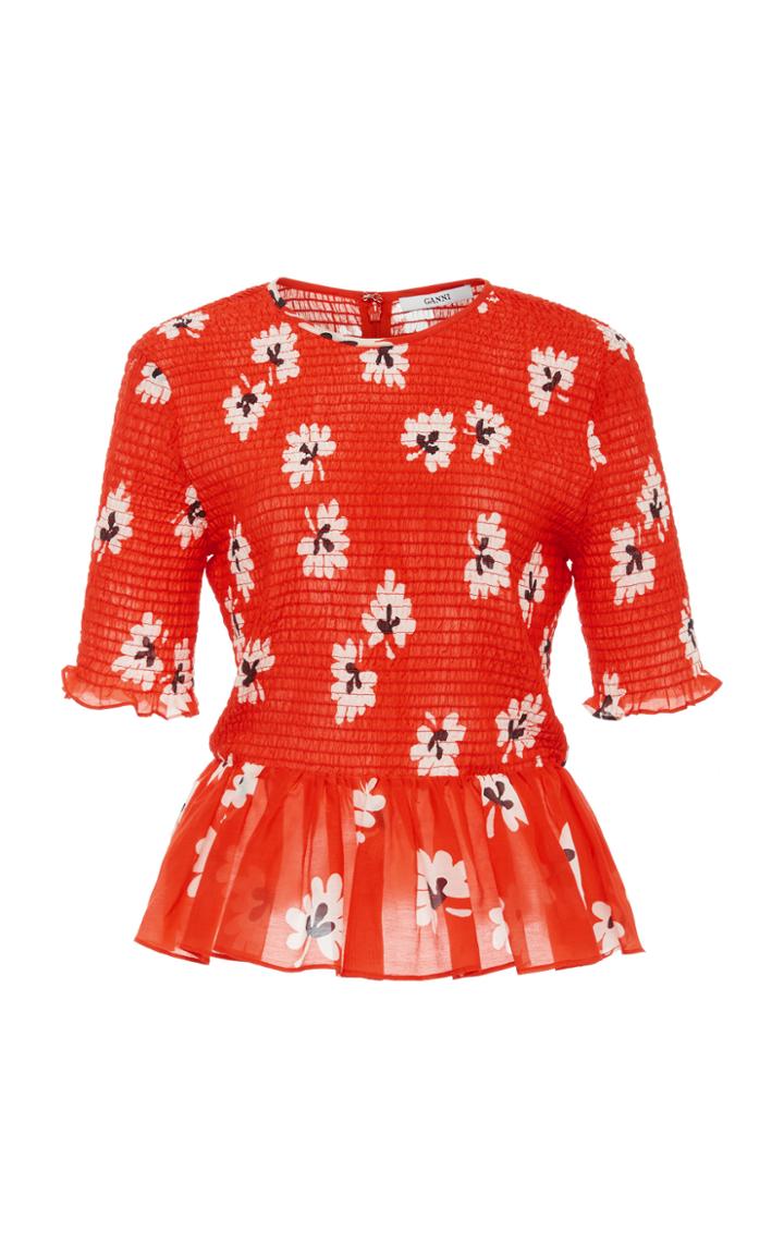 Ganni Linaria Floral Smocked Peplum Cotton-blend Top