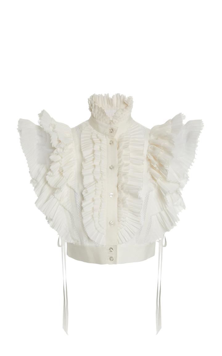Moda Operandi Unttld Victoria Ruffle-trimmed Mesh Cropped Tuxedo Top