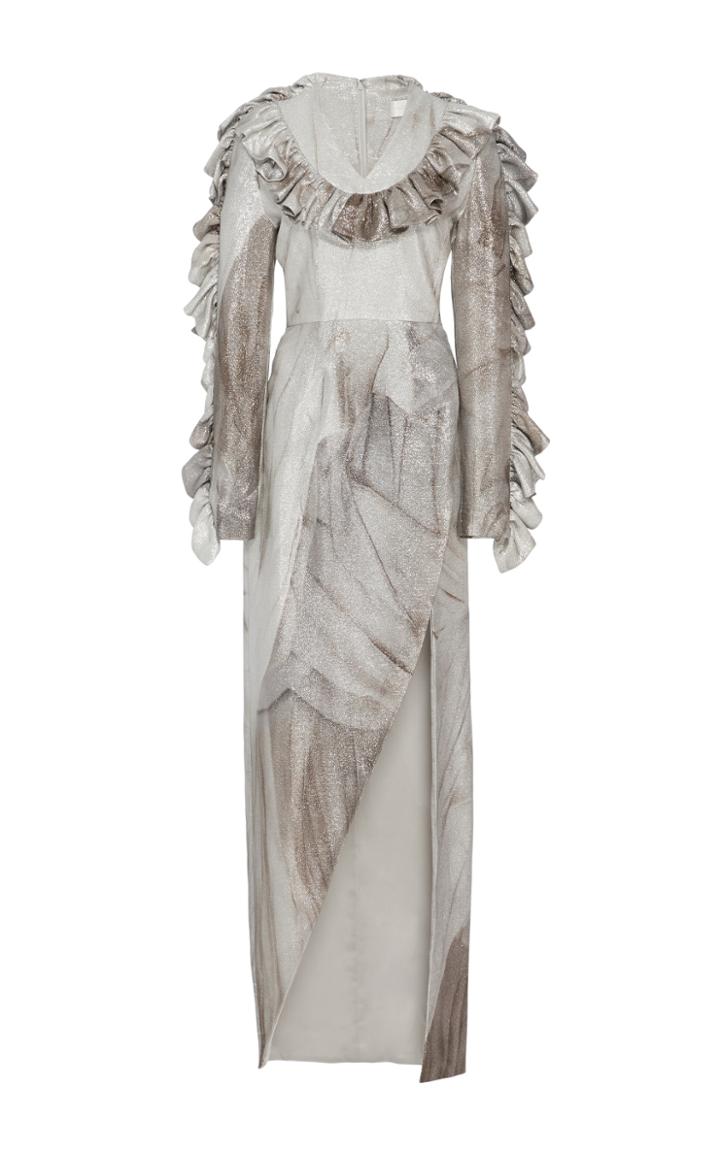 Christian Siriano Metallic Ruffled Long Sleeve Gown