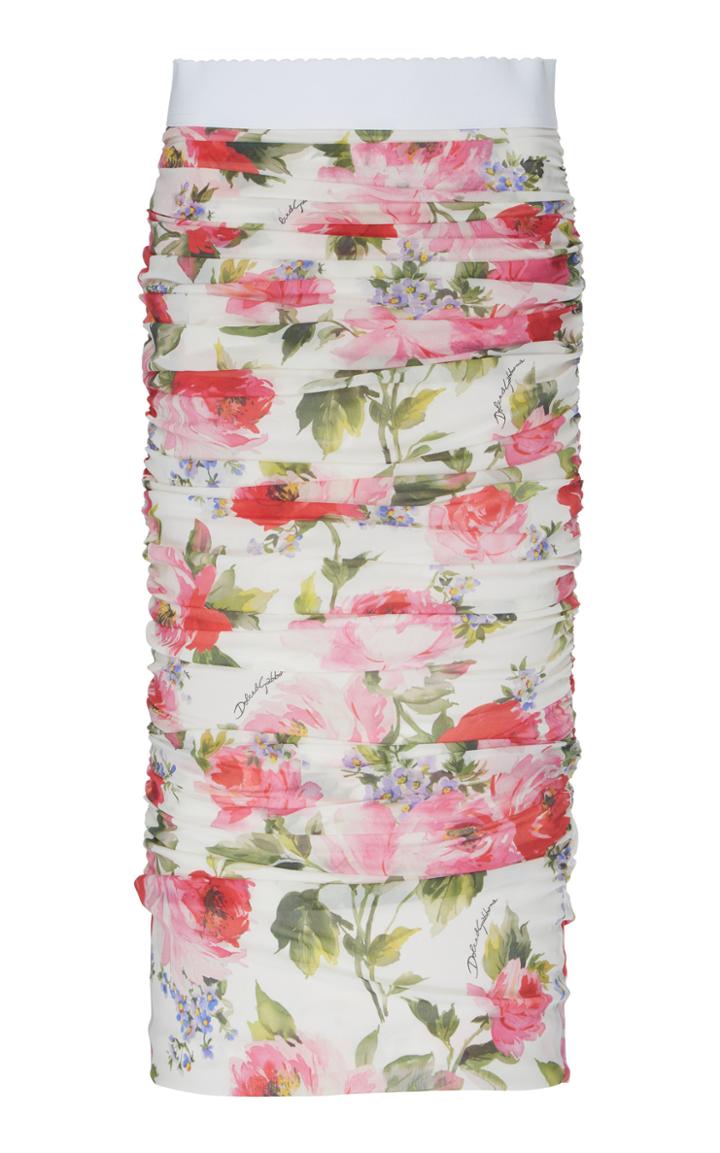 Dolce & Gabbana Ruched Floral-print Silk Midi Skirt