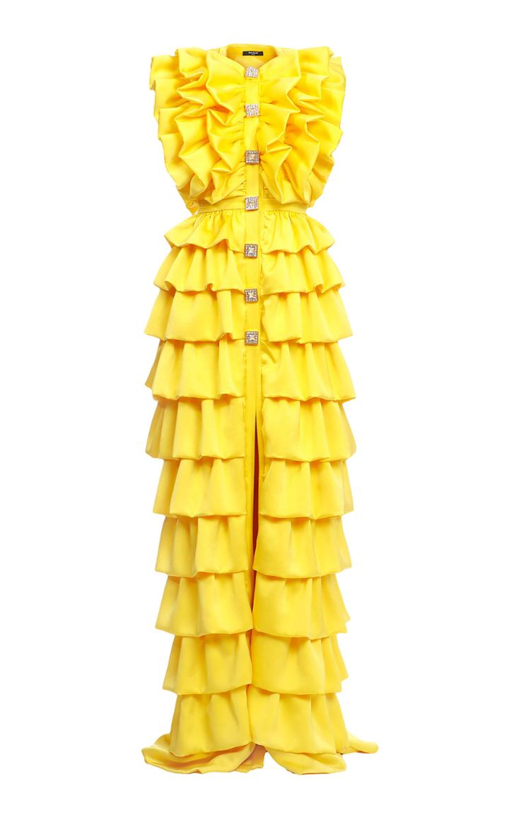 Moda Operandi Balmain Button-detailed Tiered Satin Gown