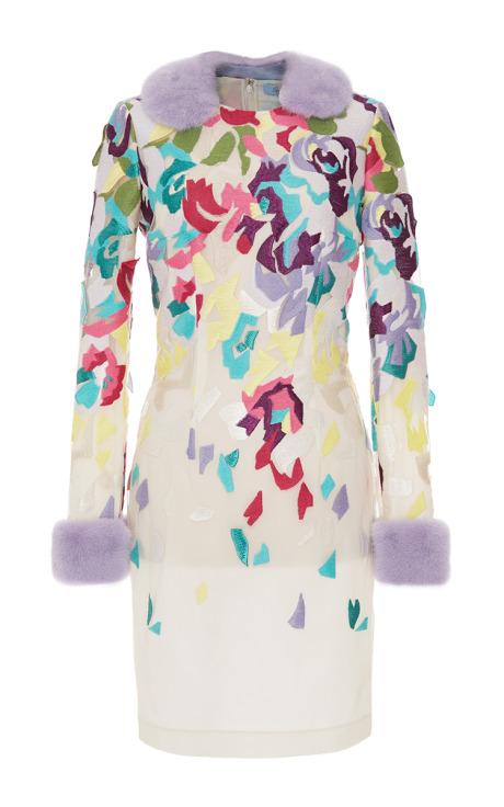 Blumarine Techno Rose Embroidered Sheath Dress With Mink Fur Trim