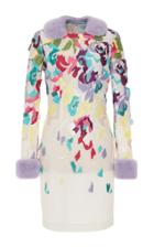 Blumarine Techno Rose Embroidered Sheath Dress With Mink Fur Trim