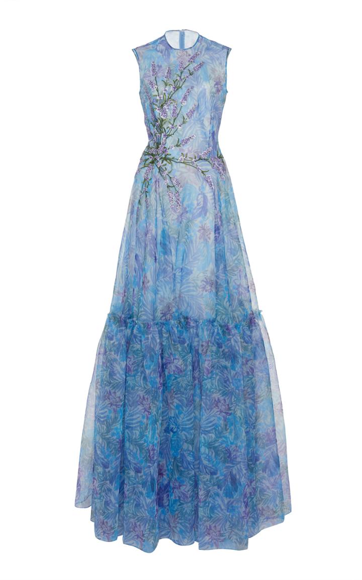 Costarellos Floral-embellished Silk-blend Organza Tiered Gown