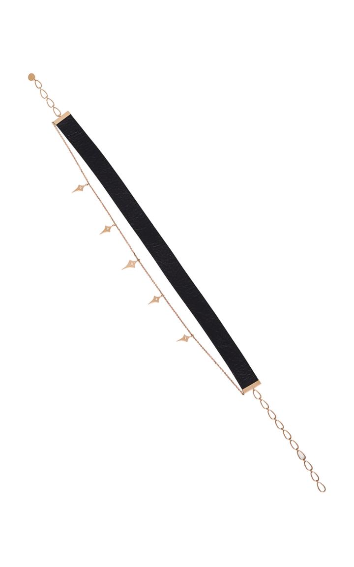Diane Kordas Black Leather Choker With Chain Of Diamond Shield Charms
