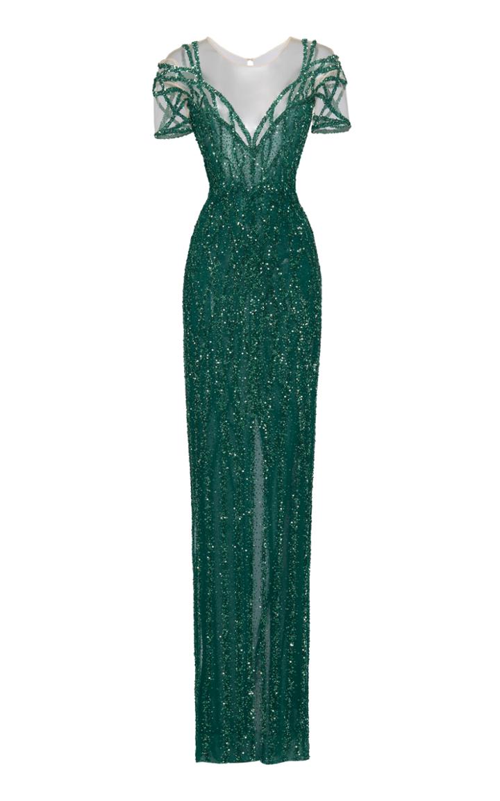 Pamella Roland Linear Crystal Embellished Gown