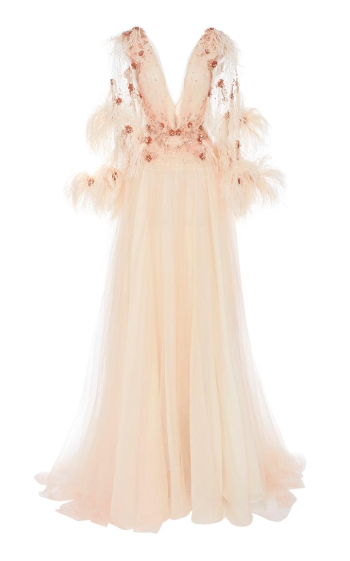 Pamella Roland Embroidered Crystal And Feather Gown