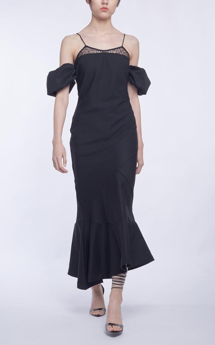 Anas Jourden Off-the-shoulder Lace-wool Midi Dress