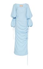 Matriel Light Blue Fitted Dress With Asymmetrical Sleeves And Lantern Sleeves