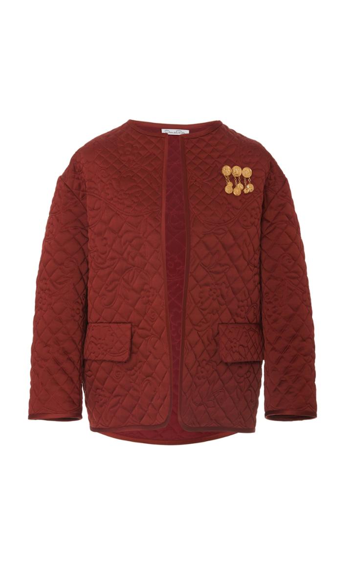 Oscar De La Renta Quilted Collarless Satin Jacket