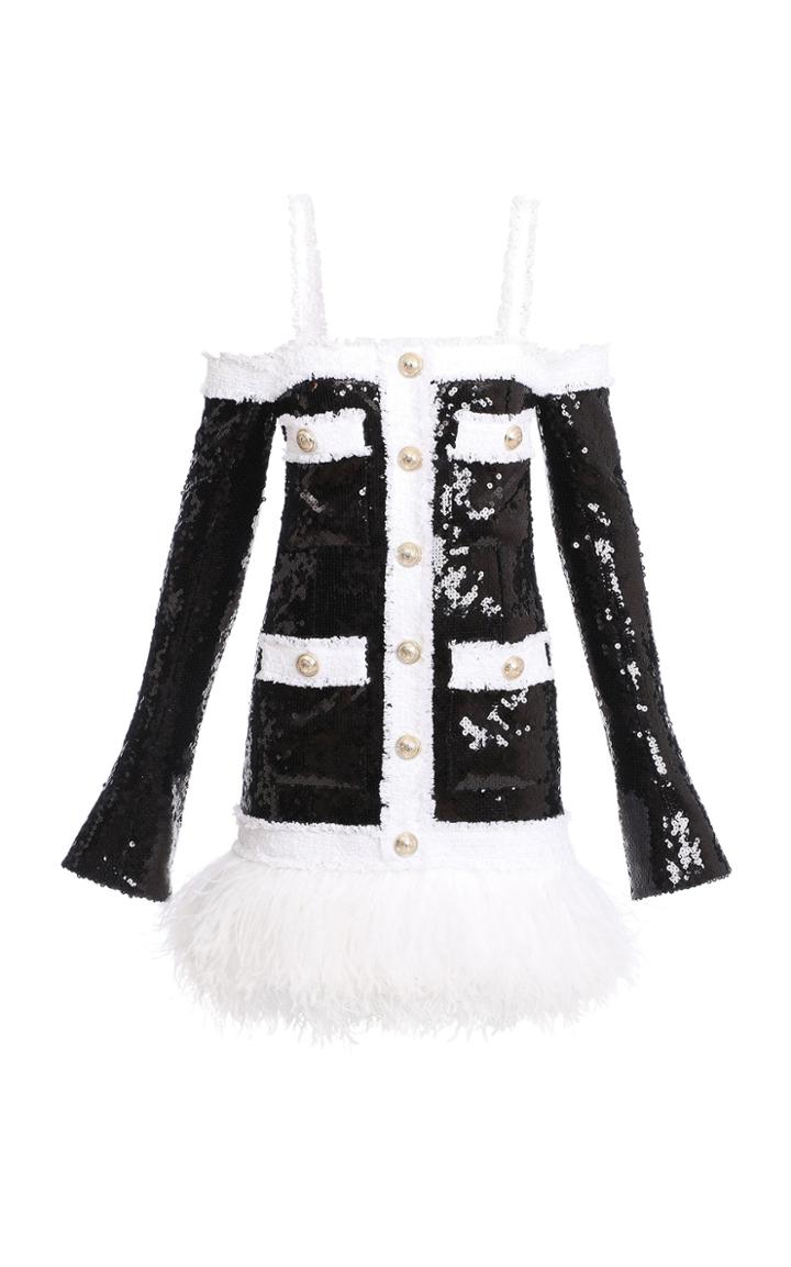 Balmain Feather-trim Sequined Cold-shoulder Dress