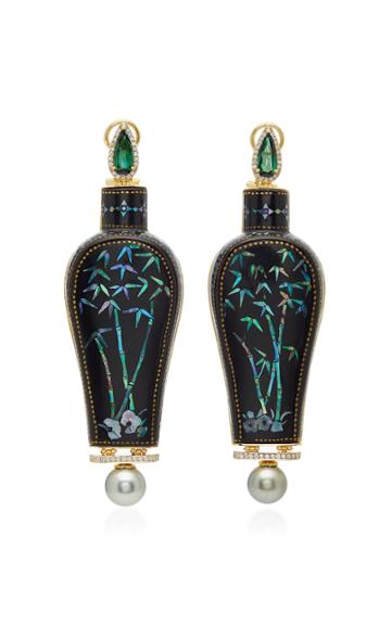 Silvia Furmanovich Marquetry Mother Of Pearl Inlay Earrings With Green Tourmaline Grey Pearl And Black Lacquer Amphora