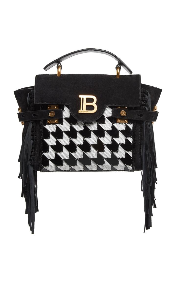 Balmain B-buzz 23 Fringe-trimmed Embroidered Suede Top Handle Bag