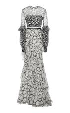 Alex Perry Laura Printed Silk L/s Ruffle Gown