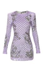 Balmain Long Sleeve Grid Embroidered Sequined Mini Dress