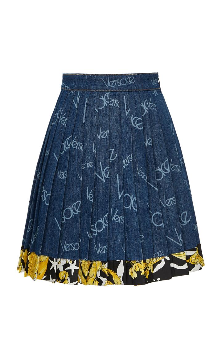 Versace Pleated Logo Denim Skirt