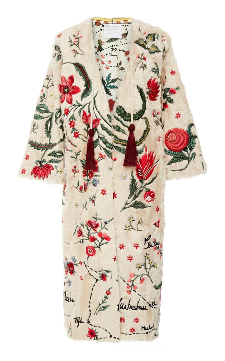Oscar De La Renta Ecru Dyed Lamb V-neck Coat With Silk Road Thread Embroidery
