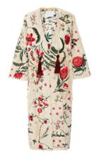 Oscar De La Renta Ecru Dyed Lamb V-neck Coat With Silk Road Thread Embroidery