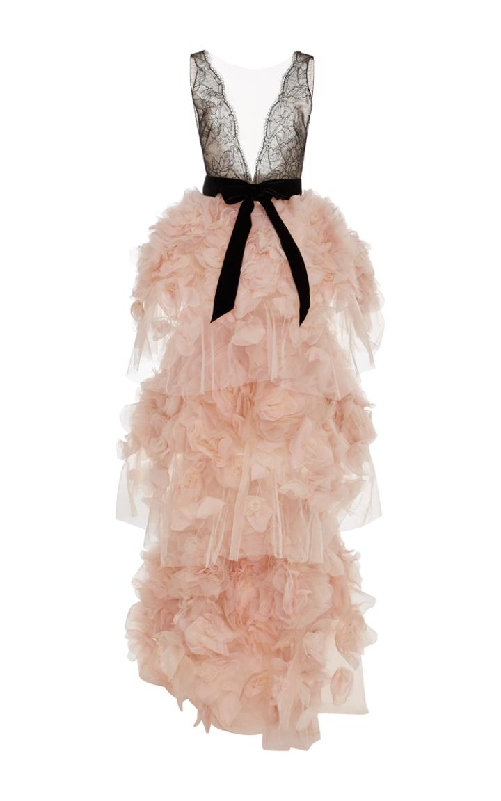 Marchesa V-neck Tiered Roses Gown