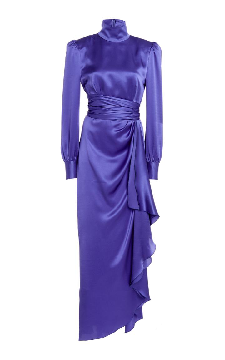 Moda Operandi Alessandra Rich Silk Satin High Neck Gown With Draped Skirt