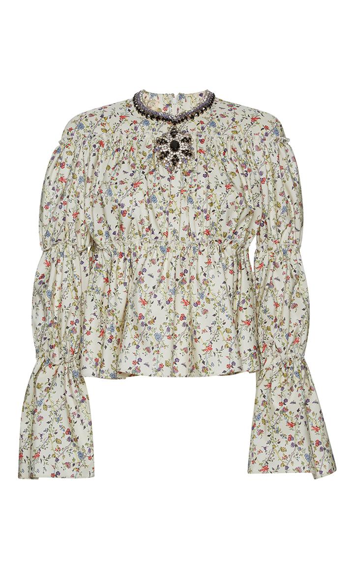 Giambattista Valli Ruched Jeweled Neck Floral Print Top