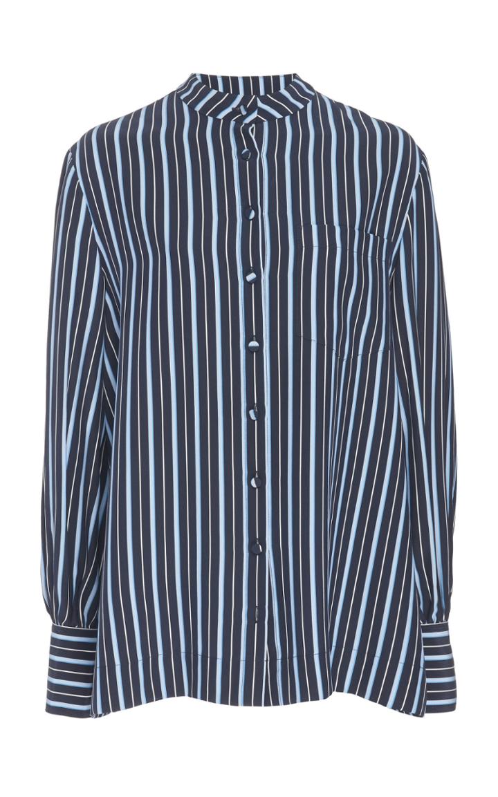 Co Navy Stripe Printed Silk Long Sleeve Button Down Shirt