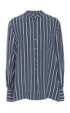 Co Navy Stripe Printed Silk Long Sleeve Button Down Shirt