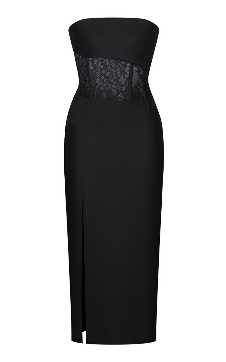 Rasario Strapless Crepe And Lace Midi Dress