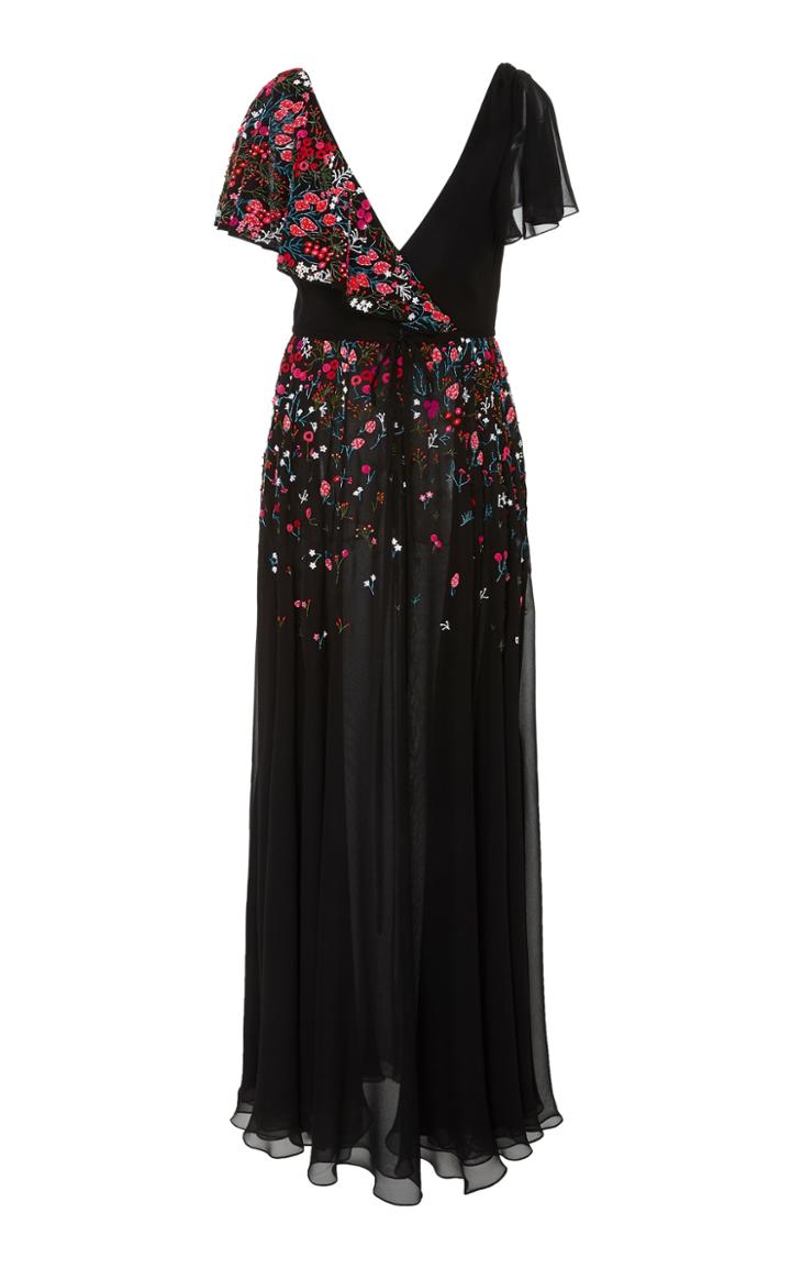 Carolina Herrera Flutter Sleeve Embroidered Gown