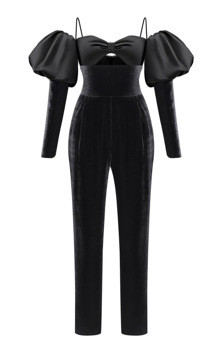 Rasario Puff Sleeve Satin And Velvet Jumpsuit