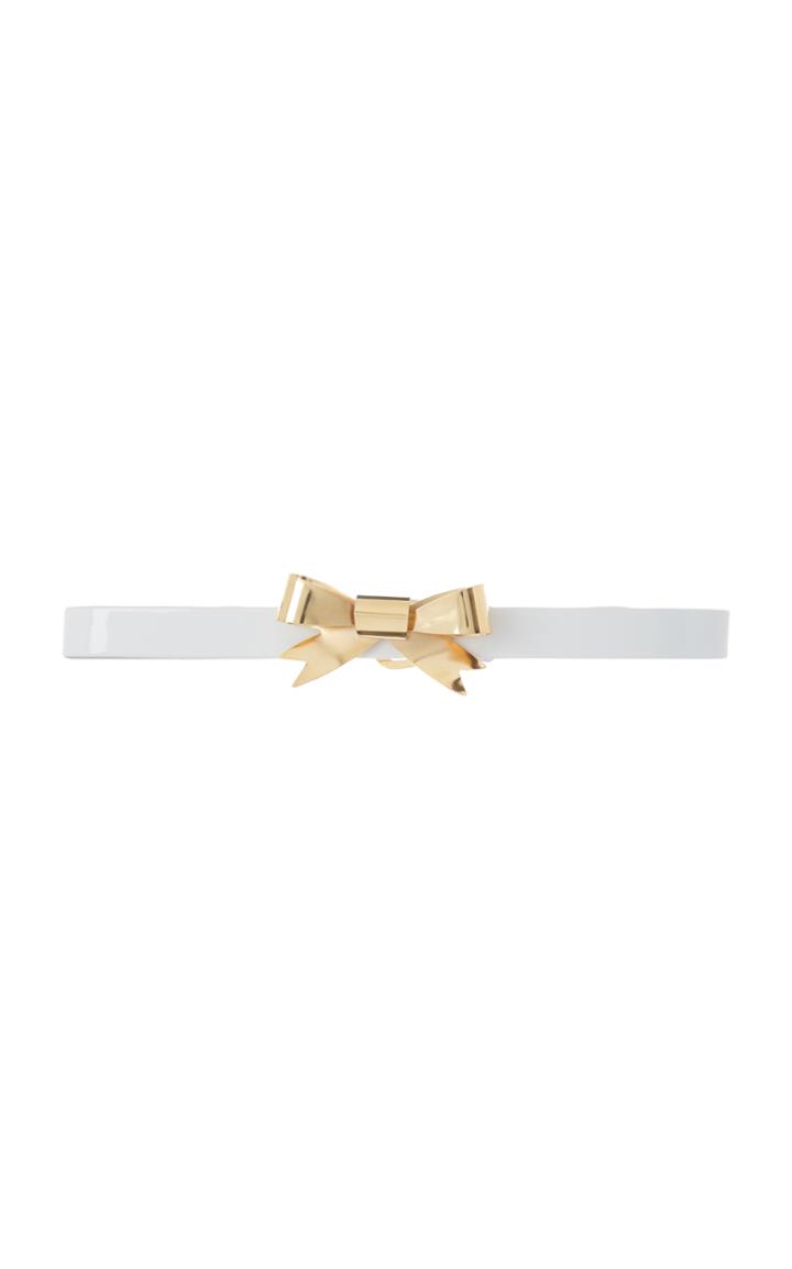 Rodarte White Skinny Patent Leather Waist Belt With Small Gold Bow Ornament