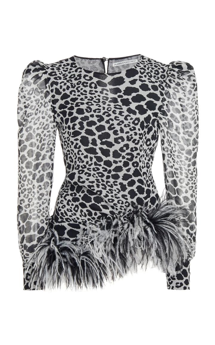 Moda Operandi Alessandra Rich Leo Print Silk Long Sleeves Top With Feather Trim